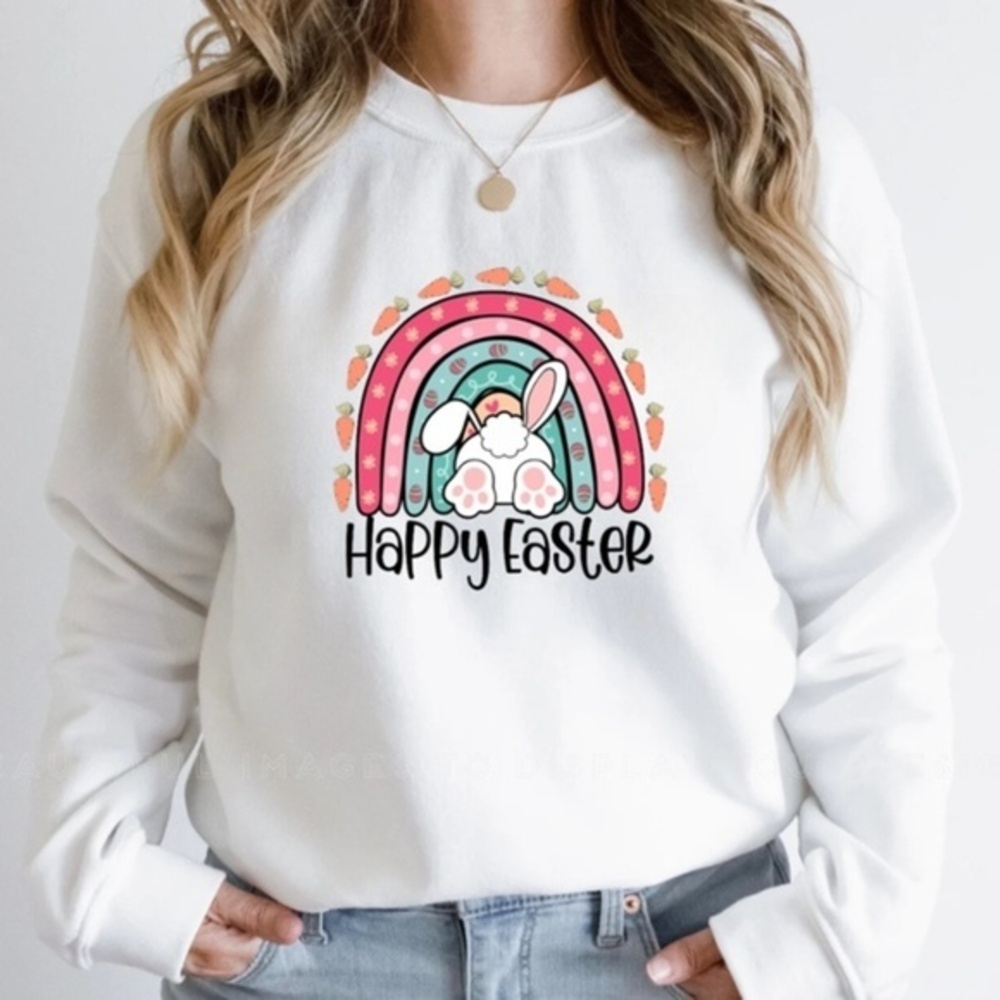 Happy Easter Cute Bunny White Women's Sweatshirt - Picture 1 of 2